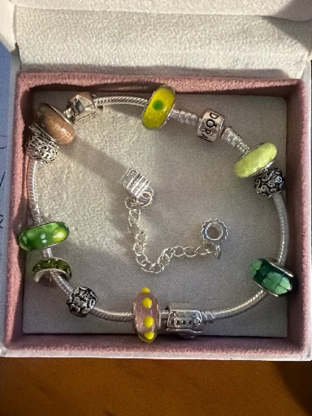 Pandora Sterling Silver Charm Bracelet with Green and Lime Murano Glass Beads